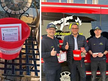 Die Feuerwehr Schlammersdorf freut sich über ihre Aktion. Sie verteilt Löscheimer in der Bevölkerung, um auf eine bestimmte Problematik hinzuweisen.