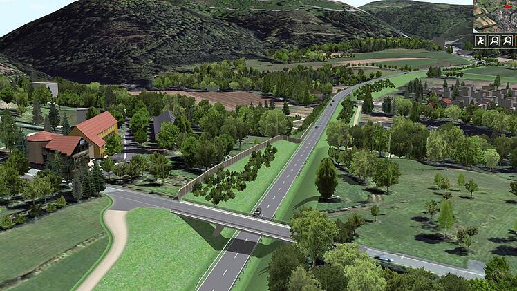 So sieht die Planung des Straßenbauamts für die Umgehung aus. Im Bereich von Salem (links) führt sie unter der Alten Pressecker Straße hindurch. Für die Lärmschutzwand wird noch eine Alternative gesucht. Repro-BR