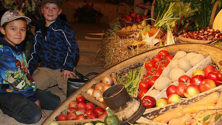 Da  bekamen nicht  nur die Kinder große Augen.  Die  Ortsbäuerinnen hatten  die Festhalle mit  Früchten  ansprechend dekoriert.  Fotos: Sonja Adam