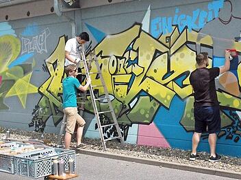 Mit Spraydosen, Kreativität und viel Freude wurde die 40 Meter lange Wand am Stocke-Stadion verschönert. Foto: Edwin Meißinger