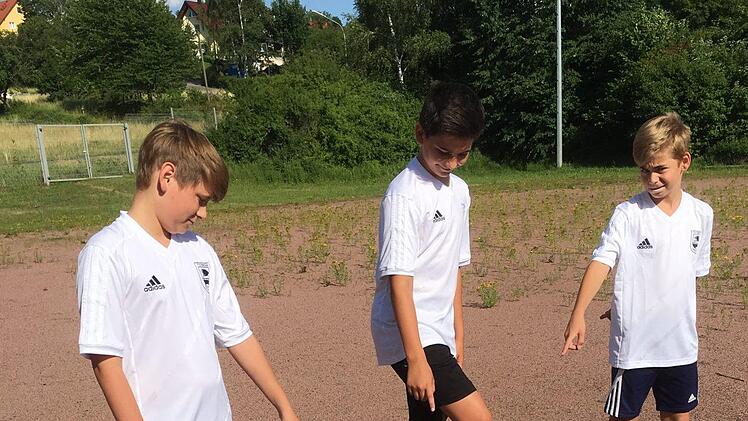 Schottersteine, Löcher, Gras und Pfützen stehen einem erfolgreichen Training von Hannes Roeß, Jannis Eberlein, Leon Seifert (v.l.n.r.) beim TV Ebern im Wege. Sie hoffen auf viele Spenden, damit der Platz bald saniert werden kann. Foto: Johanna Eckert
