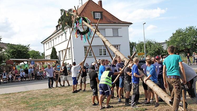 Der Baum wird aufgestellt unter dem Kommando von Sebastian Schwarzmann.  Foto: Mathias Erlwein