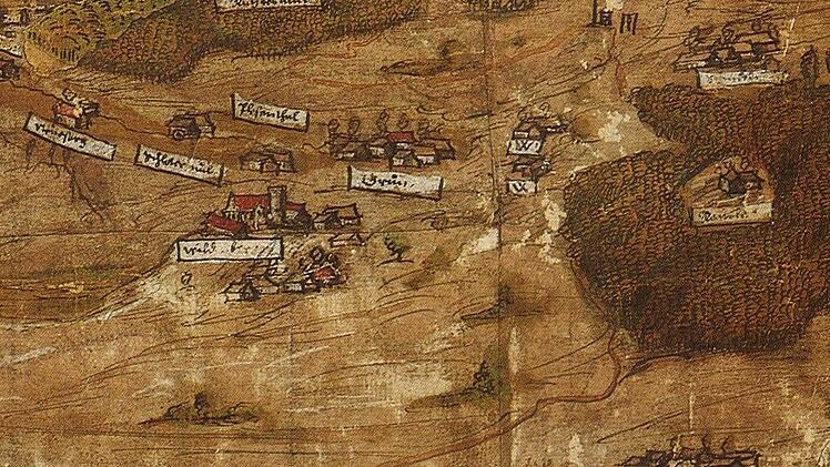Karte um 1570 der Bezirksämter Kronach und Teuschnitz, in der der Rainberg eingezeichnet ist. Foto: Staatsbibliothek Bamberg/Repro: Stadtarchiv Kronach