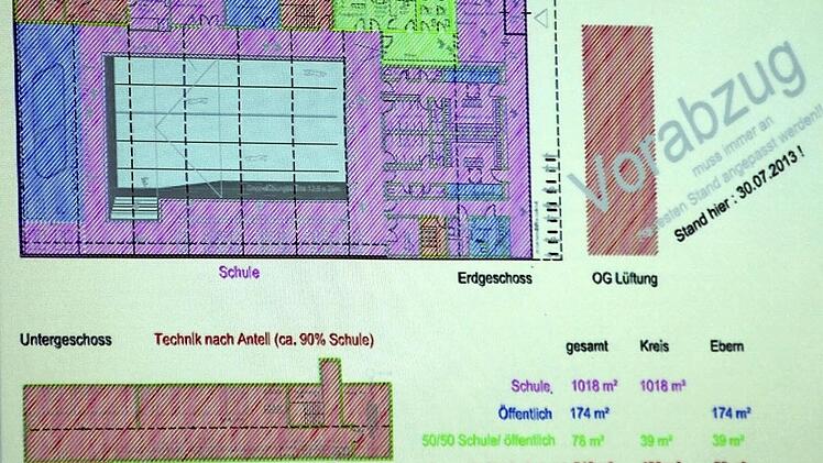 Die roten bzw. lila Bereiche des geplanten Hallenbad-Neubaues wären auch bei einer alleinigen Schul- und Vereinsnutzung notwendig. Die Aufrechnung (rechts) zeigt den Anteil der öffentlichen Nutzung. Diese Präsentation wurde im Stadtrat vorgestellt. Foto: Ralf Kestel