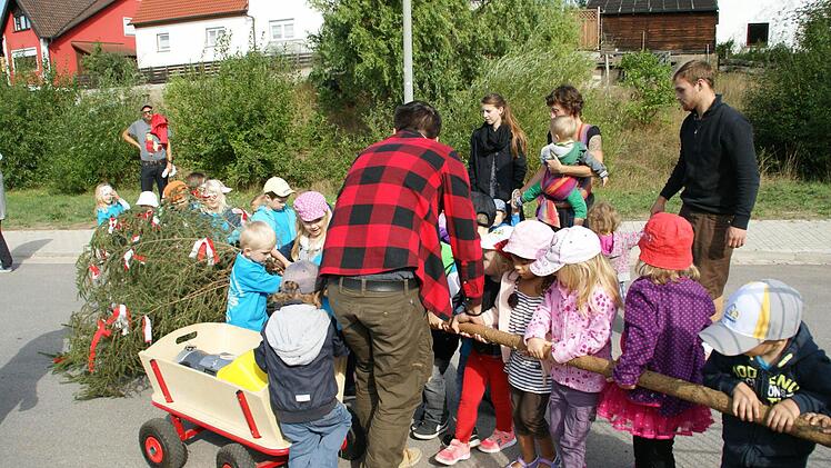 Klare Sache, jeder musste mit anfassen: Mit vereinten Kräften stellten die Kirchaicher Kindergartenkinder ihren Kirchweihbaum am neuen Kindergarten auf. Schon im Kindergarten lernten die kleinen Steigerwälder eine heimische Tradition handfest kennen. Fotos: Sabine Weinbeer