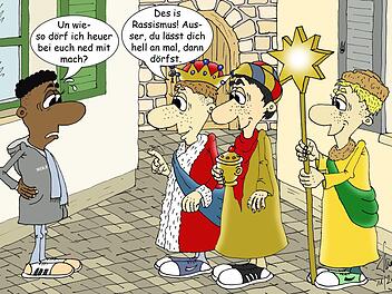 "Manchmal hab ich scho des Gfühl, wir Deutschen verblöden", sagt unser Karikaturist Klaus Strobel zu dieser Zeichnung zu den "Drei Königen" oder "Sternsingern": " Mohr her, Mohr hin. Er ghört einfach dazu. Man dörf alles nur net so eng seh."