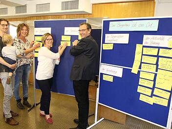 Beim Bürgerforum hatten die Wüstenahorner die Möglichkeit, über die Nutzung mitzuentscheiden und ihre Wünsche auf Zetteln zu äußern. Von links: Pfarrer Veit Röger, Ingrid Marr, Antje Hennig und Dritter Bürgermeister Thomas Nowak Foto: Wolfgang Desombre
