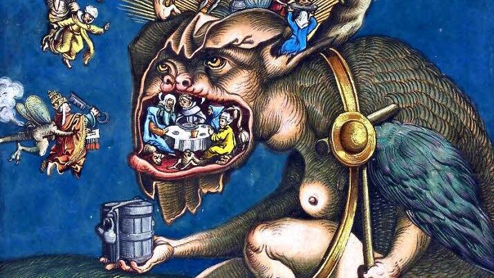 Matthias Gerung, Zuschreibung (Nördlingen, geboren um 1500 bis 1568 Luningen), David de Negker, Zuschreibung (tätig um 1545 bis 1587), Spottblatt auf die katholische Geistlichkeit, um 1545 bis 1559, Holzschnitt, altkoloriert. Foto: Kunstsammlungen Veste Coburg