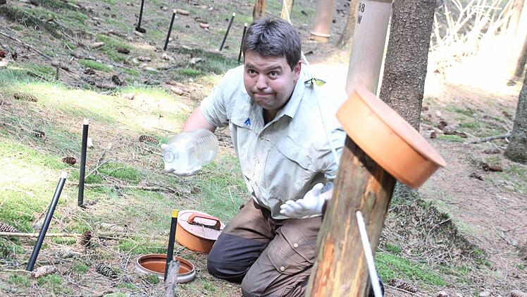 Auch im Waldboden ist nichts an Feuchtigkeit. Marcus Hollederer zeigt ein leeres Messgefäß.  Foto: Friedwald Schedel