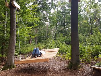Einen entspannten Blick in die Baumkronen  erm&ouml;glicht die neue Relax-Schaukel den Wanderern   auf der Hochrh&ouml;ner-Extratour  am Michelsberg. H. Beudert