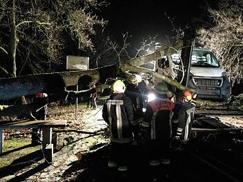 Die Feuerwehren Mitwitz und Horb waren mit insgesamt 20 Einsatzkräften vor Ort, um den Transporter von dem herabgefallenen Ast zu befreien. Foto: Matthias Weber