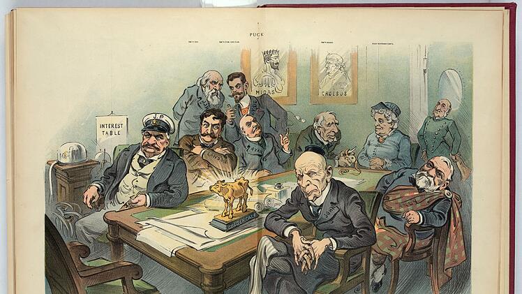 Die USA vor 120 Jahren: ein Paradies f&uuml;r Million&auml;re und Milliard&auml;re. M&auml;nner wie der &Ouml;lmagnat Rockefeller (vorne), Andrew Carnegie (links) und J.P. Morgan beherrschten die Demokratie.
