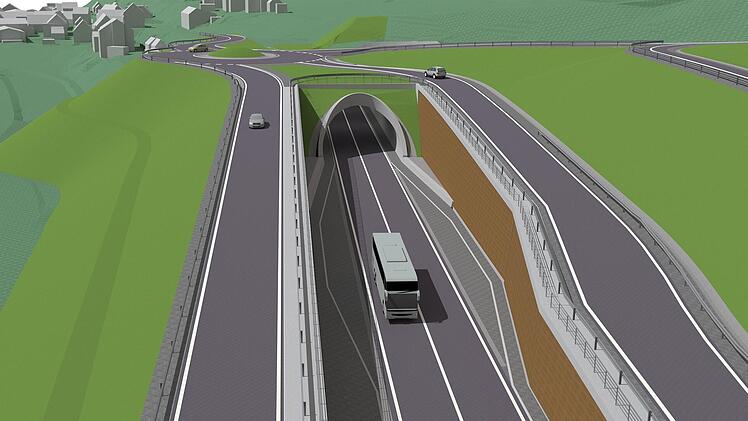 So sollen die B 289 und der Tunnel bei Kauerndorf aussehen (aus Untersteinach kommend). Visualisierung: Staatliches Bauamt Bayreuth