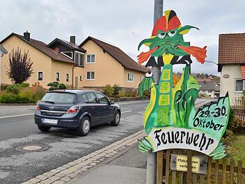 Wer aus Richtung Burkardroth nach Stangenroth fährt, wird seit einiger Zeit von diesem grünen, Feuer schnaubenden Drachen begrüßt. Er ist Bote des bevorstehenden Feuerwehrfestes. Foto: Kathrin Kupka-Hahn