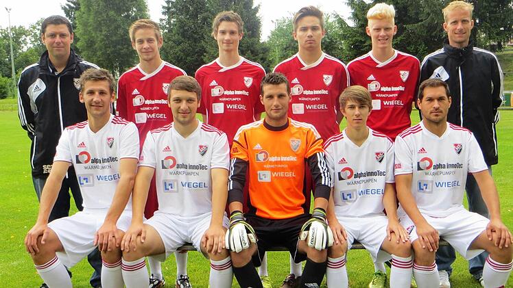 Die Neuzugänge des Absteigers ASV Hollfeld. Hinten, von links: Torwarttrainer Thomas Bornschlegel, Christopher Schmitt, Lukas Grasser, Philipp Dall, Max Geßlein, Spielertrainer Michael Taschner sowie (vorne, von links) Johannes Schatz, Jonas Grasser, Benjamin Schatz, Tom Schindler, Manuel Mezger. Foto: Harald Hoch