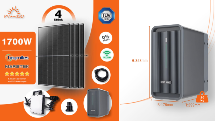 Das 1700-Watt-Balkonkraftwerk im Set mit dem Marstek-Batteriespeicher wurden von PV-Profis speziell für das Solarpaket 1 zusammengestellt.