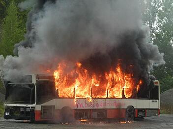 Der Bus brennt auf dem Gelände des Guttenberger Steinbruchs völlig aus. Fotos: Werner Oetter