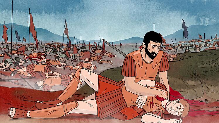 Die Animation zeigt den Untergang der "Heiligen Schar von Theben": Ein Speer steckt im K&ouml;rper des Soldaten Aristides, vor ihm liegt "Leon".