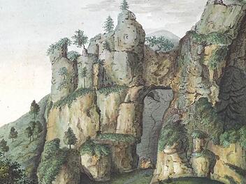Ansicht der Riesenburg von Rosenmüller/Wittich im Jahre 1804. Gut zu erkennen, der baumlose Hang, in der sich die Riesenburg befindet. Der Weg in der Mitte führt zur Riesenburg Repro: Reinhard Löwisch