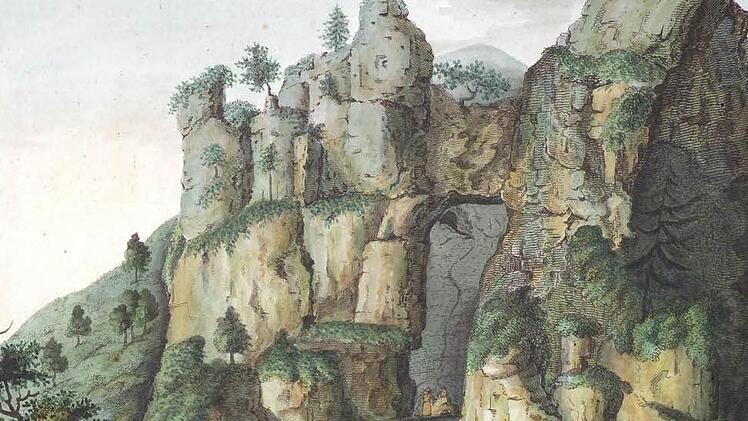 Ansicht der Riesenburg von Rosenmüller/Wittich im Jahre 1804. Gut zu erkennen, der baumlose Hang, in der sich die Riesenburg befindet. Der Weg in der Mitte führt zur Riesenburg Repro: Reinhard Löwisch