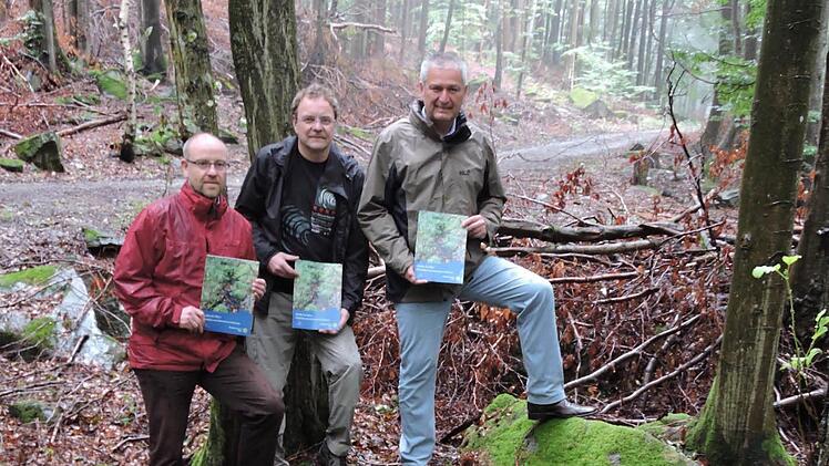 Passendes Setting (von links): Martin Kremer, Stefan Zaenker und Landrat Bernd Woide mit druckfrischen Quellenbroschüren im Wald bei Steinwand.  Foto: privat