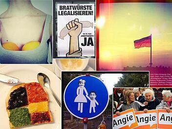 Fotos: Fahne (Instagram, Ella); Angie, Angie, Angie (Twitter, fluxions), "Kreisdiagramm" (Twitter, Marie von den Benken), Straßenschild (Twitter, Cerstin Gammelin), Wahltoast (Twitter, Christian Bauriedel), Würste (Twitter, Mathieu von Rohr).