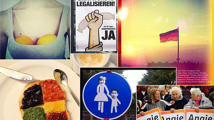 Fotos: Fahne (Instagram, Ella); Angie, Angie, Angie (Twitter, fluxions), "Kreisdiagramm" (Twitter, Marie von den Benken), Straßenschild (Twitter, Cerstin Gammelin), Wahltoast (Twitter, Christian Bauriedel), Würste (Twitter, Mathieu von Rohr).