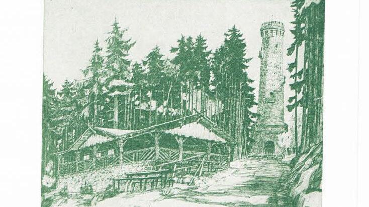 Das Bild "Arnoldhütte mit Turm" ist eine Federzeichnung von Fritz Rose.