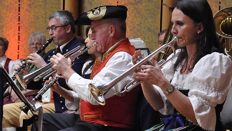 Die Schrolla Musikanten beim Fränkischen Heimatabend im Rossini-Saal. Die Musiker aus Vasbühl verstanden es nicht nur mit fränkischen Weisen, die Zuhörer mitzureißen. Foto: Peter Klopf