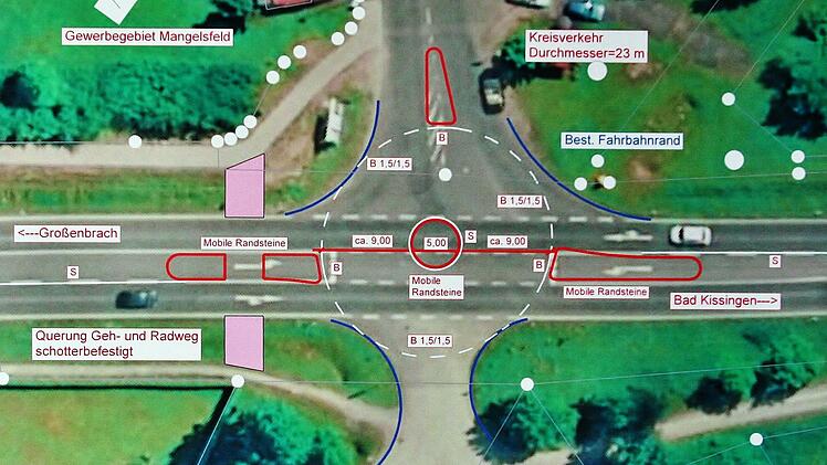 So soll der geplante provisorische Kreisel im Bad Bockleter Ortsteil Großenbrach aussehen.  Plan Straßenbauamt Schweinfurt
