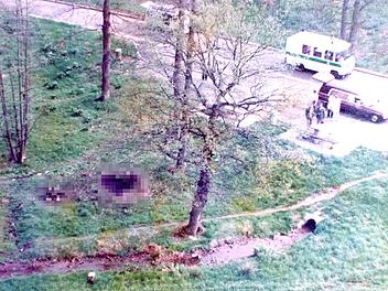 In der Wiese neben dem Parkplatz "Breslau", heute "Weißer Graben" an der A3 nahe Erlangen, liegen die von der Redaktion unkenntlich gemachten Toten.  Foto: Helmut Reister