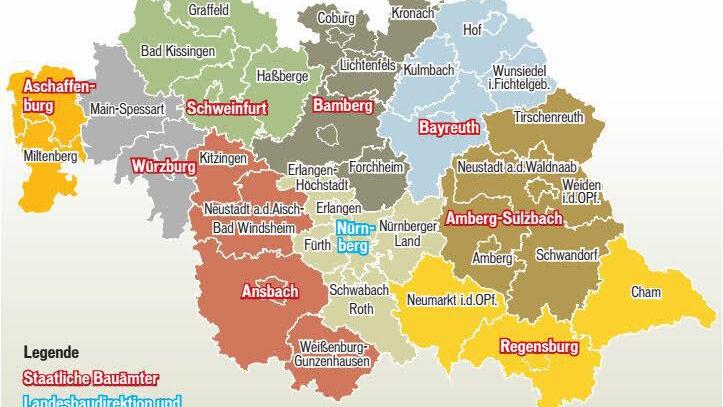 Für diese staatlichen Bauämter in Nordbayern ist die künftige Landesbaudirektion, die von Nürnberg nach Ebern verlagert wird, fachlich zuständig.
