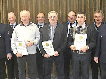 Ehrungen bei der Wehr (von links): Michael Reith, Bernhard Reith, Artur Kleinhenz, Friedrich Schäfer und Manfred Reith; (hinten von links) Rainer Schärpf, Richard Koberstein, Herbrt Pabst und Erhard Bischof.