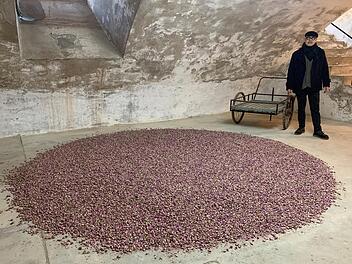 Galerist Thomas Pfarr mit Herman de Vries'" Rosa Damascena Rosenblüten" im Keller von Haus Nivard. Foto: Thomas Malz