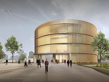 18 Meter hoch, innen Platz für bis zu 624 Zuhörer: das Globe für den Coburger Güterbahnhof. Entwurf: Globe Coburg GmbH