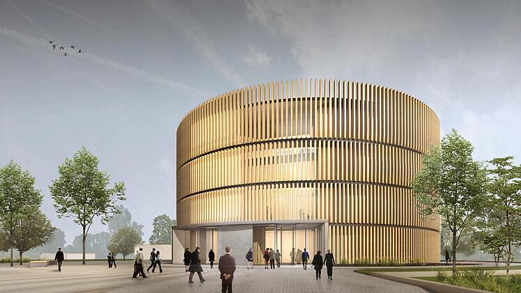 18 Meter hoch, innen Platz für bis zu 624 Zuhörer: das Globe für den Coburger Güterbahnhof. Entwurf: Globe Coburg GmbH