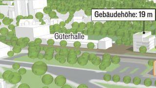 1 von 2: Damit der Bahnhof das höchste Gebäude in dem Areal bleibt, will die Stadt eine Maximalhöhe von 19 Metern für die Neubauten vorgeben. Das gilt auch für den Kopfbau an der alten Güterhalle (ganz links im Bild)