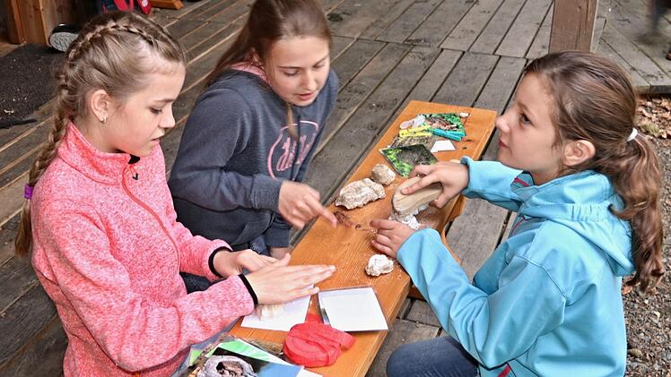 Kira, Sophia und Lena bearbeiten gemeinsam ihre in Gips gegossenen Tierspuren, die sie als "Trophäen" mit nach Hause nehmen dürfen.