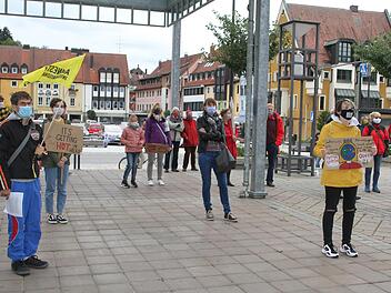 Knaoo 70 Demonstranten fanden sich auf dem Platz vor der Dr.-Stammberger-Halle ein. Foto: Sonny Adam