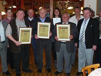 Drei Männer wurden für 50 Jahre Mitgliedschaft im Kleintierzuchtverein mit der Vereinsnadel in Gold und zwei Männer für 25 Jahre Treue mit der Vereinsnadel in Silber ausgezeichnet. Foto: Klaus-Peter Wulf