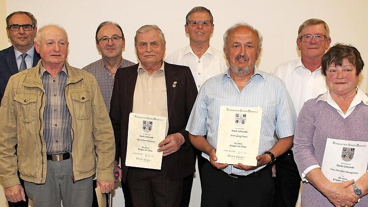 Peter Märkel (l.) zeichnete Peter Herrmann (4. v. l.) für 60 Jahre und Georg Dauer (3. v. r.) für 50 Jahre Singen im Chor aus. Mit auf dem Bild sind der Vorsitzende Robert Schlicht (2. v. r.) und weitere Jubilare, die dem Verein mehr als vier Jahrzehnte angehören. Foto: Evi Seeger