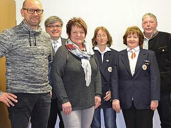 Geehrt wurden (vorne von links) f&uuml;r 75-maliges Blutspenden Alfred Leikeim und f&uuml;r 50-maliges Blutspenden Erika Zeller von (hinten von links) BRK-Kreisgesch&auml;ftsf&uuml;hrer Thomas Petrak, Petra Amschler und Traute Sachs von der BRK-Bereitschaft Redwitz sowie B&uuml;rgermeister Christian Mrosek.  Foto: Thomas Micheel