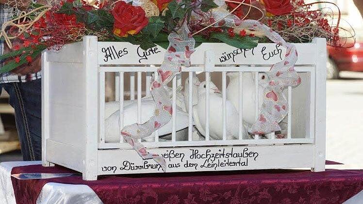 Das Brautpaar lässt nach der Trauung die Tauben gemeinsam frei.   Foto: privat