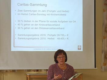 Helga Vierheilig vom Fachdienst Gemeindecaritas stellt sich den Fragen der Caritas-Sammlerinnen und Sammlern der Pfarreiengemeinschaft Oberleichtersbach-Schondra. Sie erläutert, wo die gesammelten Spenden genau hingehen.  Foto: Horst Conze