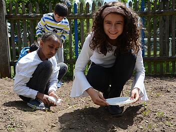 Lara Kammers (vorne), Fortuna Teku und Yasin Aslantürk säen Sojabohnen und Wildkräuter im Schulgarten.