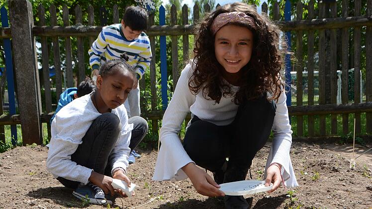 Lara Kammers (vorne), Fortuna Teku und Yasin Aslantürk säen Sojabohnen und Wildkräuter im Schulgarten.