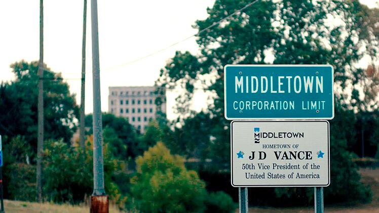 Ortseingangsschild von Middletown, Ohio, der Heimatstadt von J.D. Vance, dem 50. Vizepr&auml;sidenten, im sogenannten deindustialisierten "Rust Belt" Amerikas.