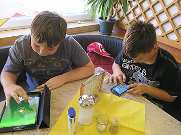 Voll konzentriert sind Constantin (l.) und sein Kumpel André bei der Jagd nach Pokémon. Foto: J. Blum