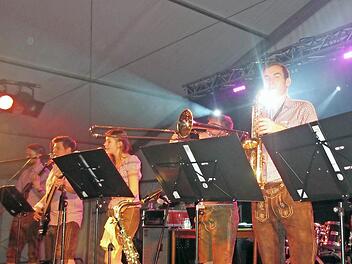 Mit Blasinstrumenten und einer Sängerin bringen die ""Blechhulza" viel Power auf die Bühne. Fotos: privat