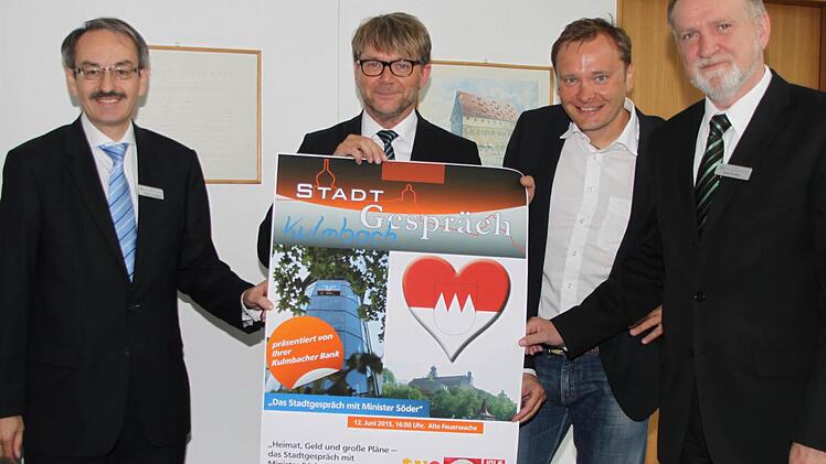 Sie wollen mit dem Auftritt von Finanz- und Heimatminister Markus Söder in Kulmbach für ein Stadtgespräch sorgen: (von links) Vorstand Stephan Ringwald von der Kulmbach Bank, TVO-Geschäftsführer Norbert Kießling und Redaktionsleiter Frank Ebert, Vorstand Dieter Bordihn von der Kulmbacher Bank.  Foto: Jürgen Gärtner